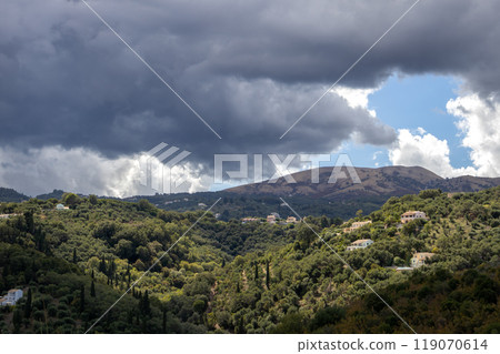 Vegetation and houses in the centre on the island Corfu Vegetation and houses in the centre on the island Corfu 119070614