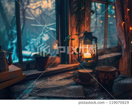Soft light streams through the window as two cups of hot beverages sit on a wooden table, surrounded by warm decor and the glow of candlelight in a peaceful cabin. 119070829