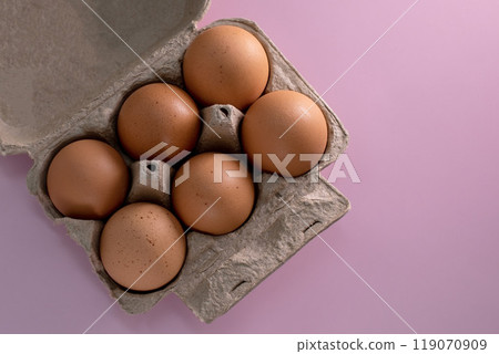 Half dozen organic brown eggs in carton counter Half dozen organic brown eggs in carton counter 119070909