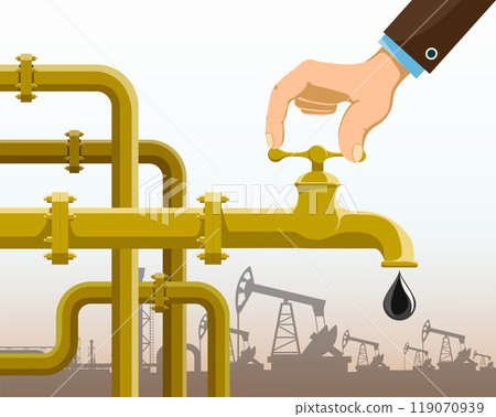 Man turns valve on oil pipeline 119070939