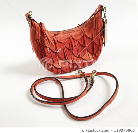 Vintage orange leather hobo bag on white background 119070966
