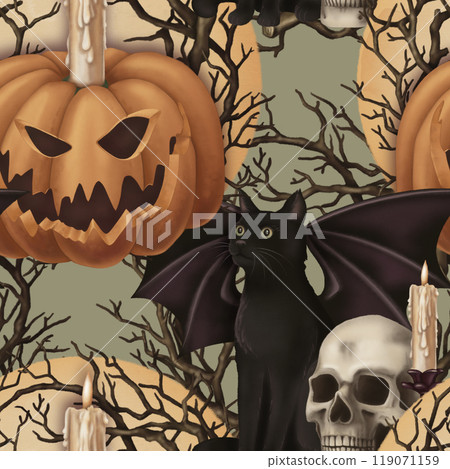 Halloween Seamless pattern with Jack o Lantern and black cat in cartoon style. Hand drawn endless holiday background design. Mystical texture surface for autumn textile and spooky season crafts. 119071159