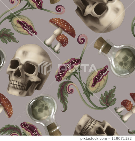 Halloween Seamless pattern with love and dead potion in cartoon style. Hand drawn endless holiday background design. Dark mystical texture surface for autumn textile and spooky season crafts. Halloween Seamless pattern with love and dead potion in cartoon style. Hand drawn endless holiday background design. Dark mystical texture surface for autumn textile and spooky season crafts. 119071182