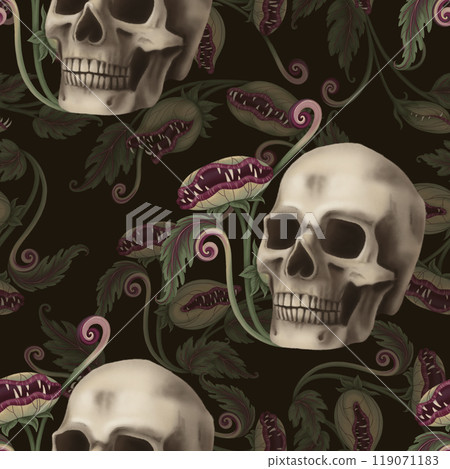 Halloween Seamless pattern with carnivorous plant and skull in cartoon style. Hand drawn endless holiday background design. Mystical texture surface for autumn textile and spooky season crafts. Halloween Seamless pattern with carnivorous plant and skull in cartoon style. Hand drawn endless holiday background design. Mystical texture surface for autumn textile and spooky season crafts. 119071183