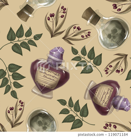 Halloween Seamless pattern with love and dead potion in cartoon style. Hand drawn endless holiday background design. Dark mystical texture surface for autumn textile and spooky season crafts. 119071184