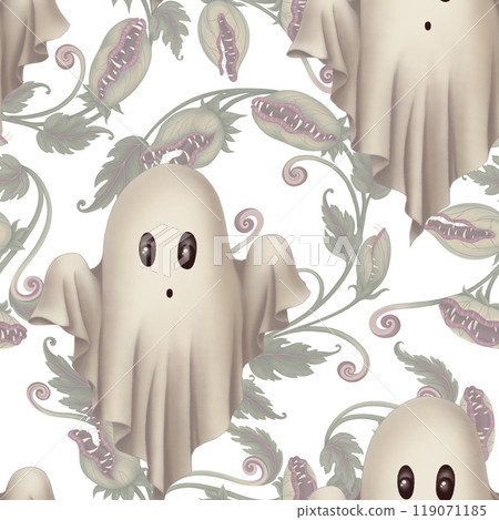 Halloween Seamless pattern with carnivorous plant and ghost in cartoon style. Hand drawn endless holiday background design. Mystical texture surface for autumn textile and spooky season crafts. Halloween Seamless pattern with carnivorous plant and ghost in cartoon style. Hand drawn endless holiday background design. Mystical texture surface for autumn textile and spooky season crafts. 119071185
