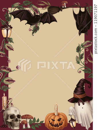 Halloween background vertical frame with creepy cute characters in cartoon style. Hand drawn blank with copy space. Beige and purple template for autumn graphic and spooky season card designs. Halloween background vertical frame with creepy cute characters in cartoon style. Hand drawn blank with copy space. Beige and purple template for autumn graphic and spooky season card designs. 119071197