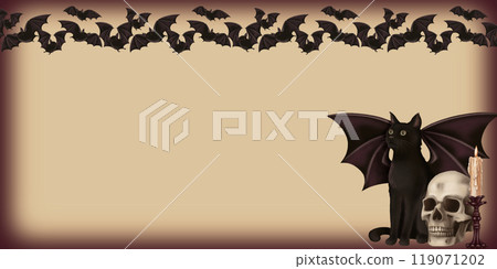 Banner horizontal Halloween background with cute characters in cartoon style. Hand drawn empty blank with copy space. Dark mystical template for autumn graphic and spooky season card designs. 119071202