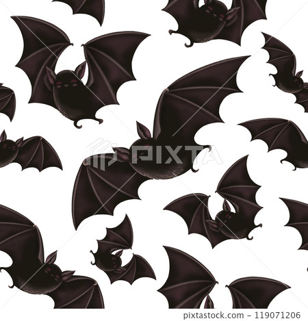 Halloween Seamless pattern with flying black bat in cartoon style. Hand drawn endless dark holiday background design. Dark mystical texture surface for autumn graphic and spooky season cards. 119071206