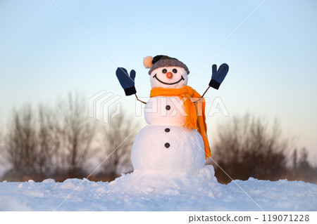 Funny snowman in knitted hat Funny snowman in knitted hat 119071228