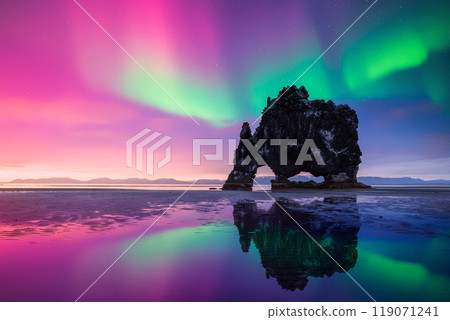 Purple and green Northern lights over Basalt stack Hvitserkur Purple and green Northern lights over Basalt stack Hvitserkur 119071241