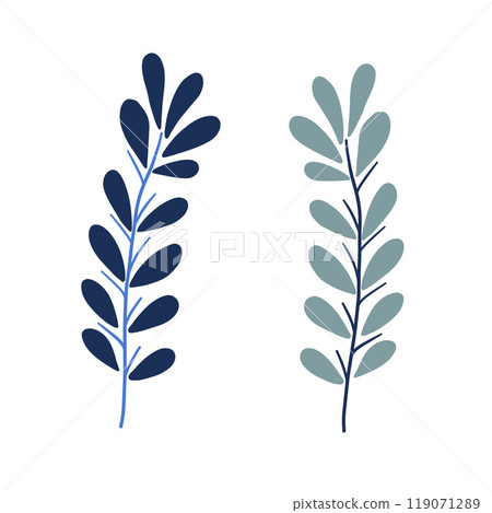 Two leafy branches in different shades of blue, fitting for wellness blogs, botanical studies, natural beauty products, and eco-conscious design Two leafy branches in different shades of blue, fitting for wellness blogs, botanical studies, natural beauty products, and eco-conscious design 119071289