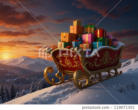 Snat Clause Sleigh With Gifts in Snowy Mountain Landscape Snat Clause Sleigh With Gifts in Snowy Mountain Landscape 119071301