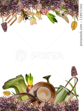 Gardening postcard template with flowers, watering can, garden tools, hat, boots. Hand-drawn watercolor illustration in purple, green, beige shades. For holiday decoration, flower shop design Gardening postcard template with flowers, watering can, garden tools, hat, boots. Hand-drawn watercolor illustration in purple, green, beige shades. For holiday decoration, flower shop design 119071302