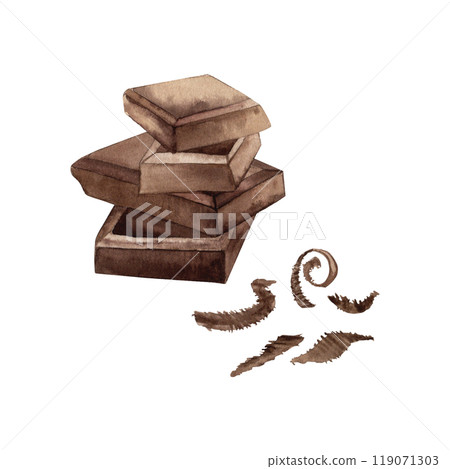 Pieces of chocolate, laid out in a heap and grated chocolate. Illustration is hand-drawn in watercolor isolated on a white background in dark brown shades. For packaging design, menu, cosmetics 119071303