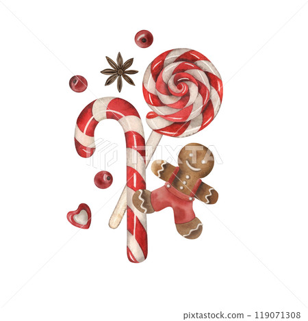 Christmas lollipops, candies, gingerbread, anise. Hand-drawn watercolor illustration on a white background in red, white, brown shades. For Christmas packaging design, printing, cards, invitations 119071308