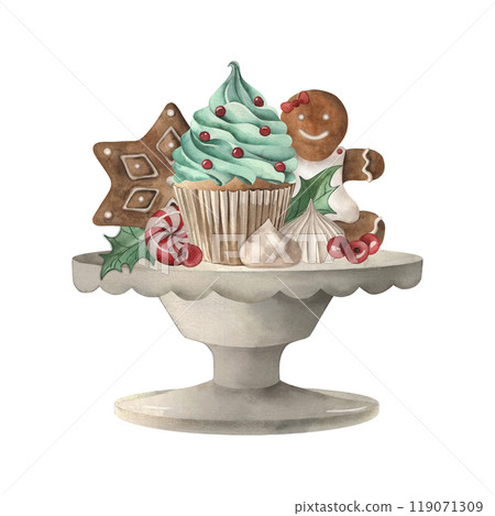 Ceramic stand vase with cupcake, sweets, gingerbread, meringue, lollipops, holly berries. Hand-drawn watercolor illustration in white, red, green shades. For Christmas, New Year packaging design Ceramic stand vase with cupcake, sweets, gingerbread, meringue, lollipops, holly berries. Hand-drawn watercolor illustration in white, red, green shades. For Christmas, New Year packaging design 119071309