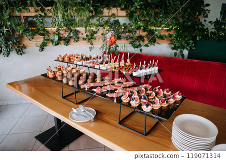 Assorted gourmet appetizers and desserts on display, luxury events, catering, and celebrations Assorted gourmet appetizers and desserts on display, luxury events, catering, and celebrations 119071314