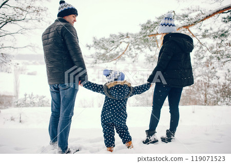 Family have fun in a winter park. Stylish mother in a blue jacket. Little girl in a winter clothes. Father with cute daughter Family have fun in a winter park. Stylish mother in a blue jacket. Little girl in a winter clothes. Father with cute daughter 119071523