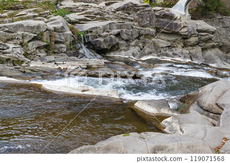 Mountain river with stones. Rafting river in forest. Splashy fast river texture. Natural water background Mountain river with stones. Rafting river in forest. Splashy fast river texture. Natural water background 119071568