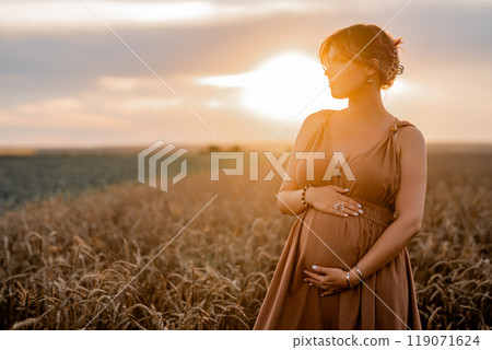 Pregnant Woman Carrying Child, Belly On Wheat Field Background. Expectant Time Pregnant Woman Carrying Child, Belly On Wheat Field Background. Expectant Time 119071624