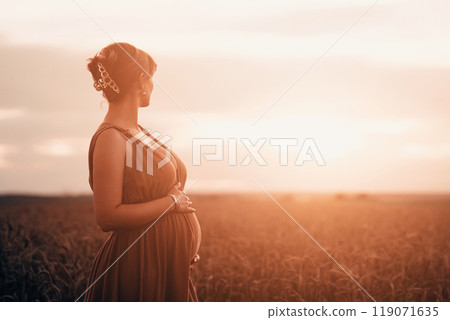 Beautiful Pregnant Woman Rubbing Baby Bump Belly On Nature Background At Sunset Beautiful Pregnant Woman Rubbing Baby Bump Belly On Nature Background At Sunset 119071635