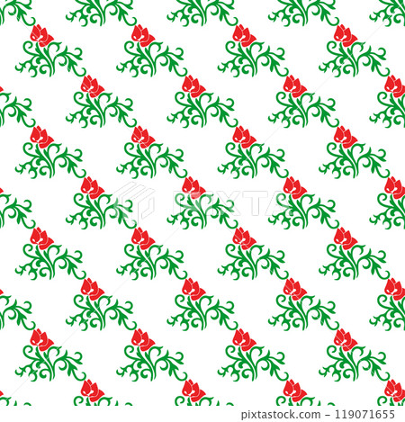 Islamic tulip, floral geometry. Tatar seamless pattern. Culture of the Tatar people, symbols of green and red. Islamic tulip, floral geometry. Tatar seamless pattern. Culture of the Tatar people, symbols of green and red. 119071655