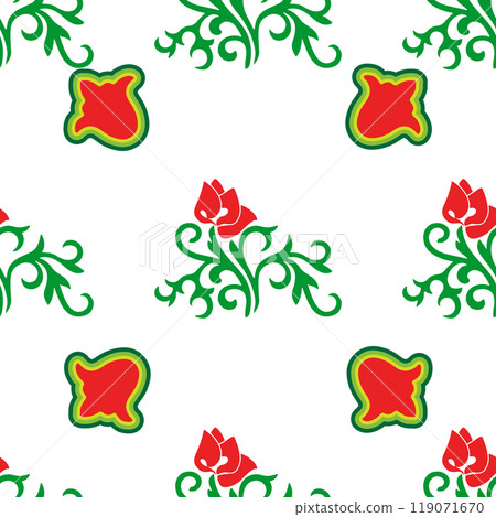 Islamic tulip, floral geometry. Tatar seamless pattern. Culture of the Tatar people, symbols of green and red. Islamic tulip, floral geometry. Tatar seamless pattern. Culture of the Tatar people, symbols of green and red. 119071670