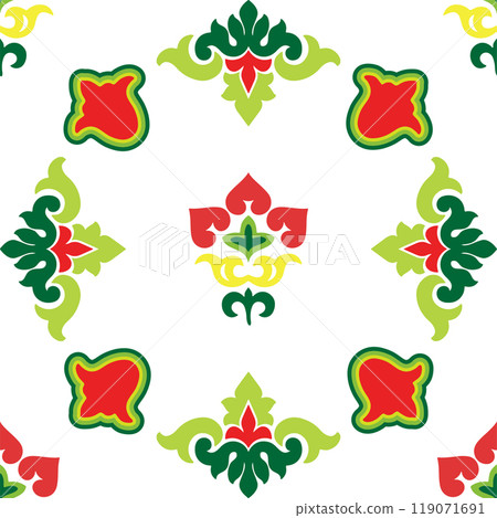 Islamic tulip, floral geometry. Tatar seamless pattern. Culture of the Tatar people, symbols of green and red. 119071691