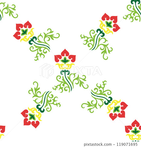 Islamic tulip, floral geometry. Tatar seamless pattern. Culture of the Tatar people, symbols of green and red. Islamic tulip, floral geometry. Tatar seamless pattern. Culture of the Tatar people, symbols of green and red. 119071695