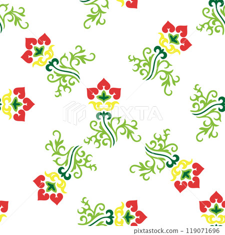 Islamic tulip, floral geometry. Tatar seamless pattern. Culture of the Tatar people, symbols of green and red. 119071696