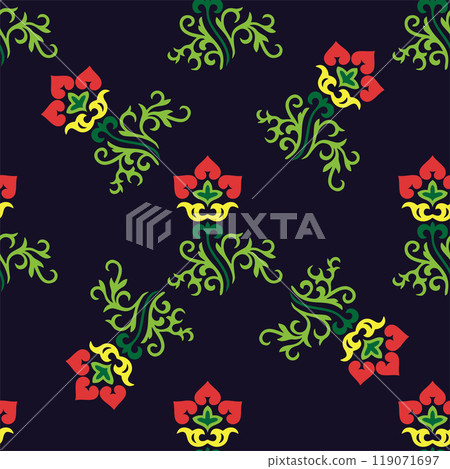 Islamic tulip, floral geometry. Tatar seamless pattern. Culture of the Tatar people, symbols of green and red. Islamic tulip, floral geometry. Tatar seamless pattern. Culture of the Tatar people, symbols of green and red. 119071697