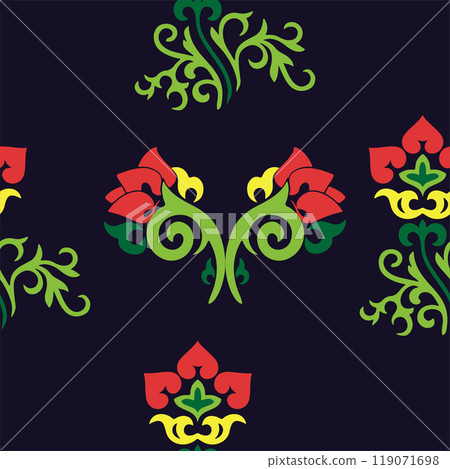 Islamic tulip, floral geometry. Tatar seamless pattern. Culture of the Tatar people, symbols of green and red. 119071698