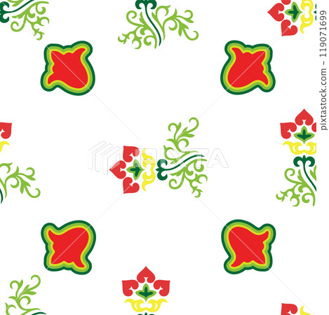 Islamic tulip, floral geometry. Tatar seamless pattern. Culture of the Tatar people, symbols of green and red. Islamic tulip, floral geometry. Tatar seamless pattern. Culture of the Tatar people, symbols of green and red. 119071699