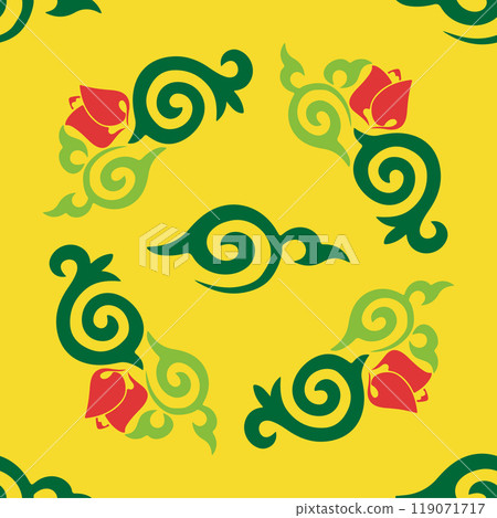 Islamic tulip, floral geometry. Tatar seamless pattern. Culture of the Tatar people, symbols of green and red. Islamic tulip, floral geometry. Tatar seamless pattern. Culture of the Tatar people, symbols of green and red. 119071717