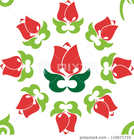 Islamic tulip, floral geometry. Tatar seamless pattern. Culture of the Tatar people, symbols of green and red. 119071739
