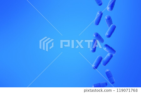 Blue capsules falling, blue background, medical visual concept, copy space Blue capsules falling, blue background, medical visual concept, copy space 119071768