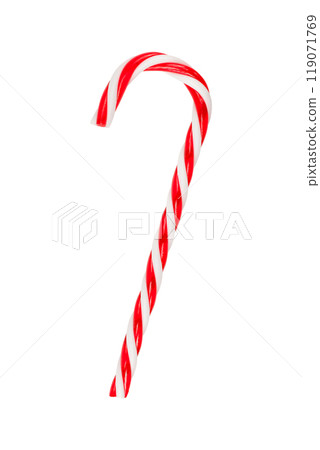 Red and white striped candy cane isolated on a white background. Stock photo. Red and white striped candy cane isolated on a white background. Stock photo. 119071769