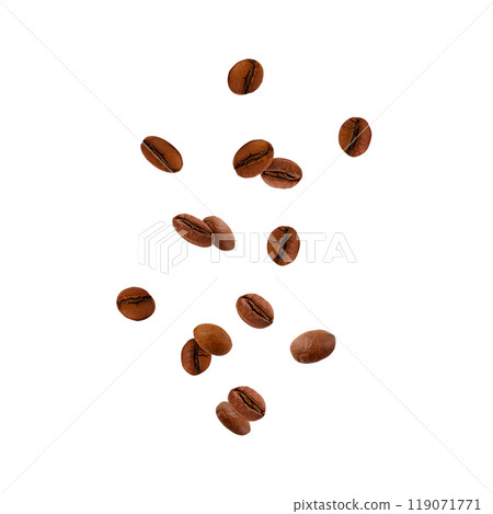 Coffee beans falling isolated on a white background. Stock photo. Coffee beans falling isolated on a white background. Stock photo. 119071771