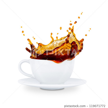 Coffee cup, coffee splash, hot beverage, breakfast drink, liquid motion spilled coffee 119071772