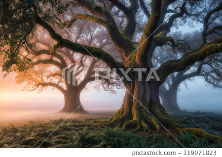 Beautiful, huge oak trees stand in a row in the sunrise lights.AI Generated 119071823