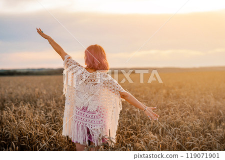 Boho Rustic Styled Woman With Open Up Arms In Wheat Field To Sun. Hands Up. Free Girl, Amazing Summer Adventure 119071901