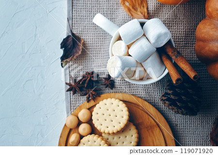 An overhead view shows a cozy arrangement featuring marshmallows, cookies, and fall spices on a rustic surface 119071920