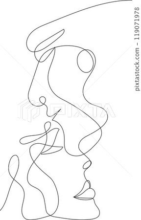 Continuous line drawing of a man and woman in profile, symbolizing a romantic couple. 119071978