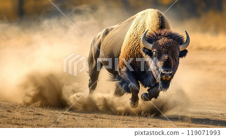 Bison kicking up dust Bison kicking up dust 119071993