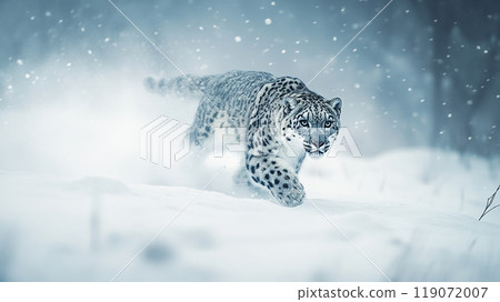 Snow leopard running through the snow 119072007