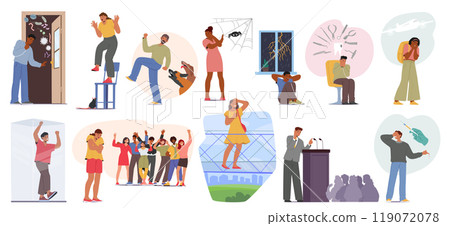 Cartoon Illustration of Diverse Phobias and Fears. People Reacting to Darkness, Public Speaking, Heights, Claustrophobia 119072078