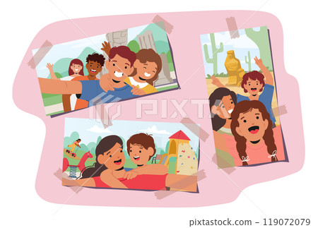 Happy Characters Posing And Smiling During Various Outdoor Activities In A photo Cards Collage. Cartoon Illustration Happy Characters Posing And Smiling During Various Outdoor Activities In A photo Cards Collage. Cartoon Illustration 119072079