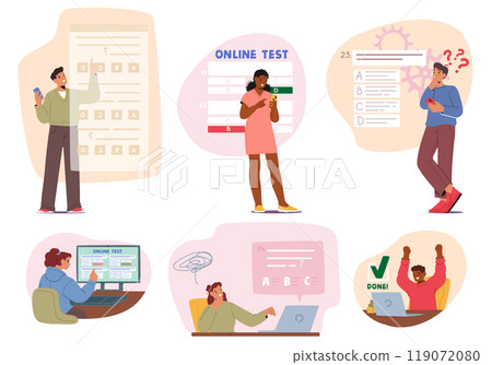 Students Taking An Online Exam With Varied Reactions And Emotions. Some Appear Confident And Happy Students Taking An Online Exam With Varied Reactions And Emotions. Some Appear Confident And Happy 119072080