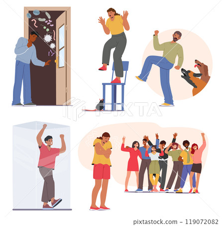 Characters Experiencing Various Phobias And Paranoias. Vector Scenes Include Fear Of Germs, Animals, Enclosed Spaces Characters Experiencing Various Phobias And Paranoias. Vector Scenes Include Fear Of Germs, Animals, Enclosed Spaces 119072082